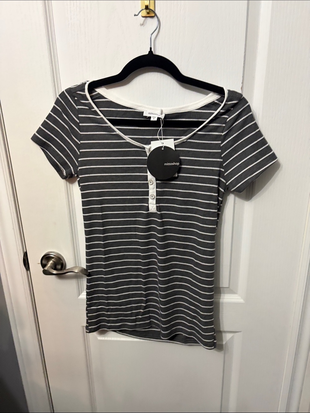 mittoshop Charcoal and White Striped Henley Ribbed Tee